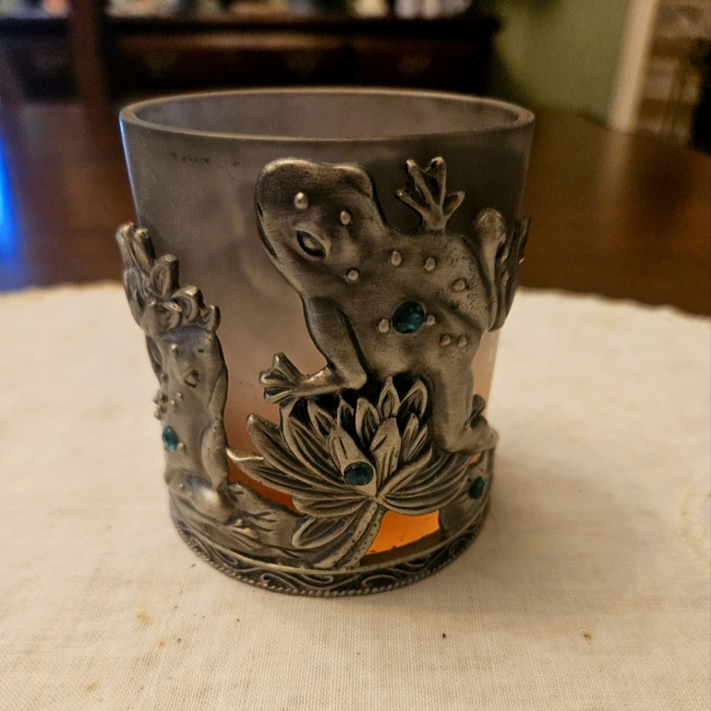 Silver Frog Candle Holder with Teal Accents